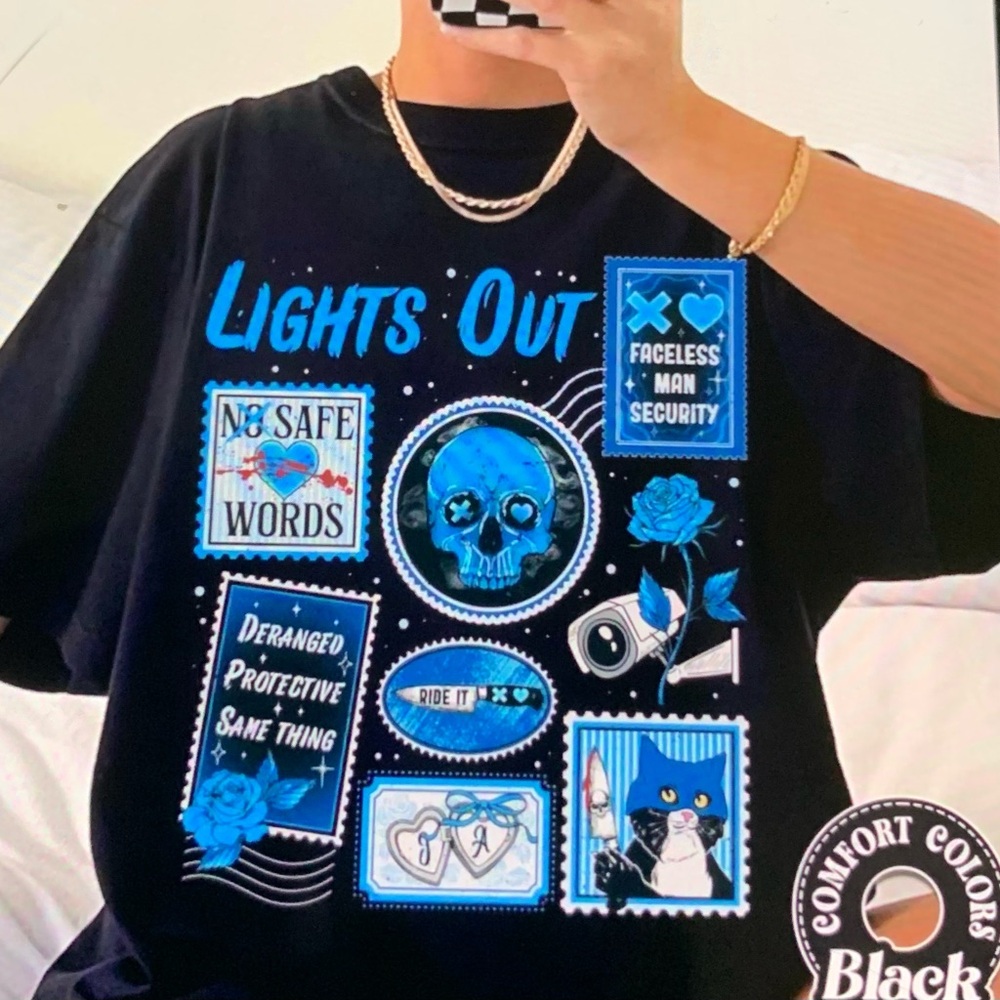 Comfort Colors Black Graphic Tee – Lights Out Blue Skull Design Small-XL